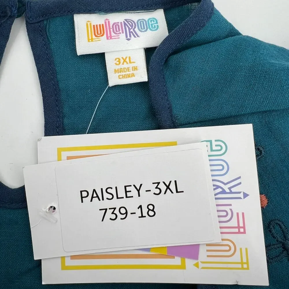 LuLaRoe Teal Boho22 Paisley Embroidered NWT Top Size 3XL